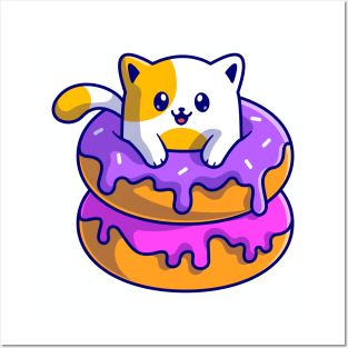 Cute Cat With Doughnut Cartoon Posters and Art
